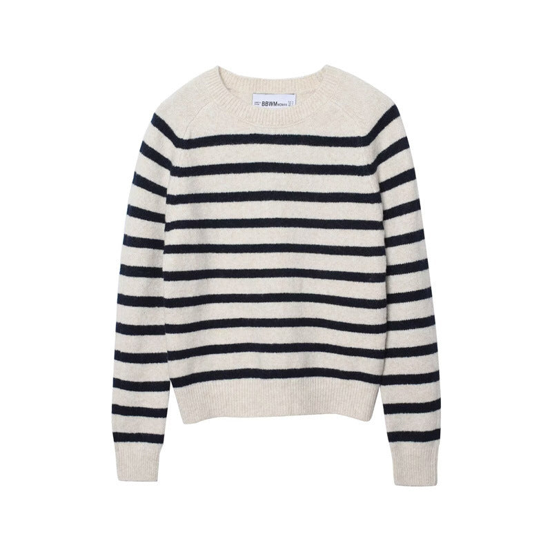 Women's cream and navy striped knit sweater with crew neck and long sleeves
