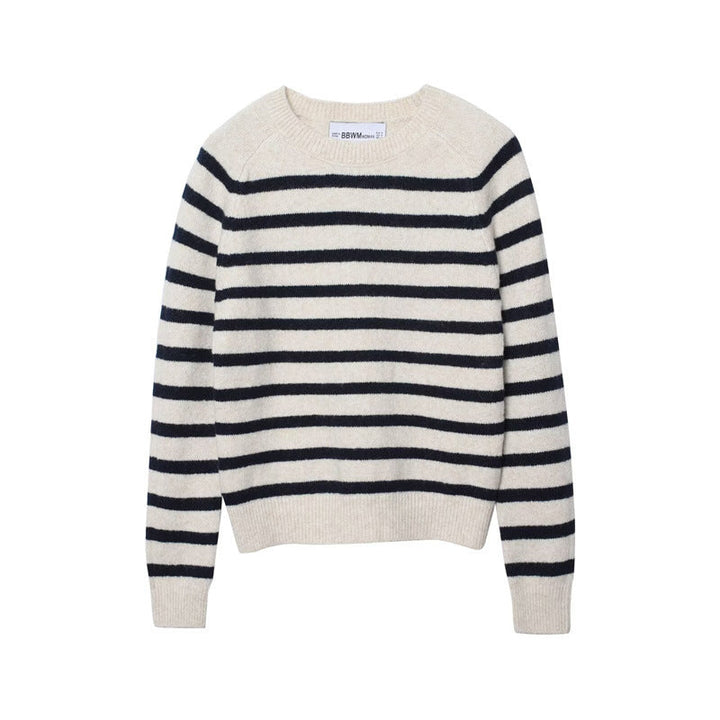 Women's cream and navy striped knit sweater with crew neck and long sleeves
