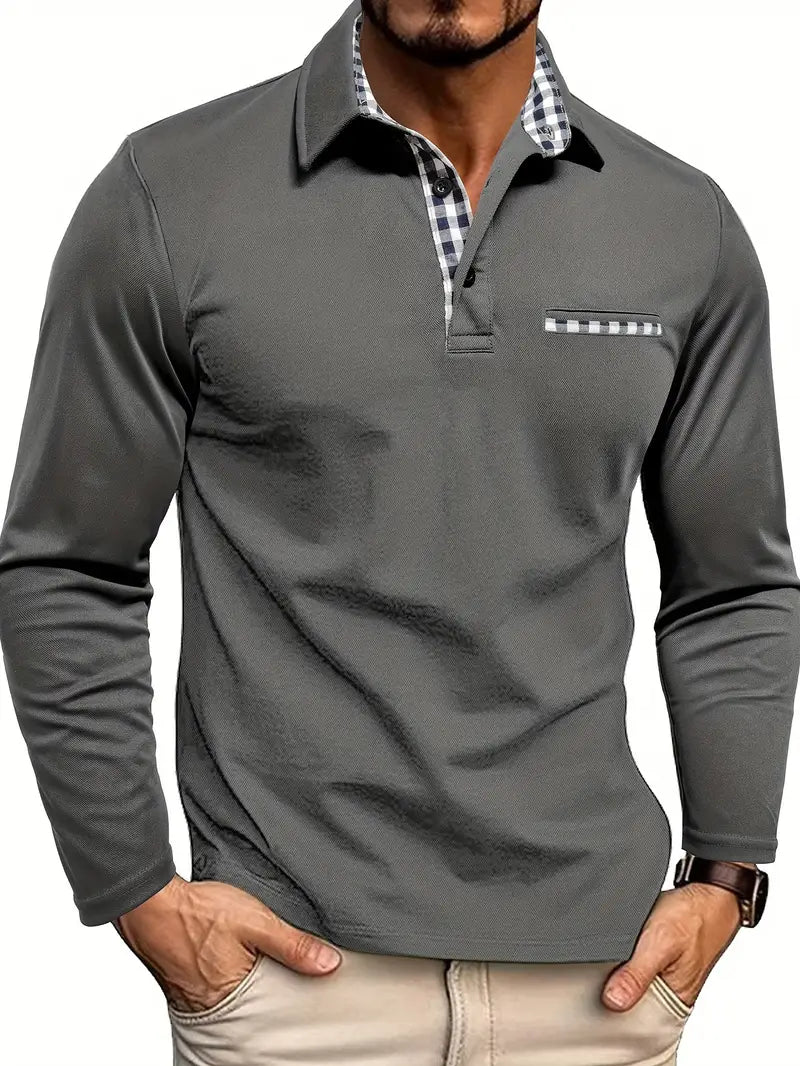 Men's long sleeve polo shirt with checked collar and chest pocket trim
