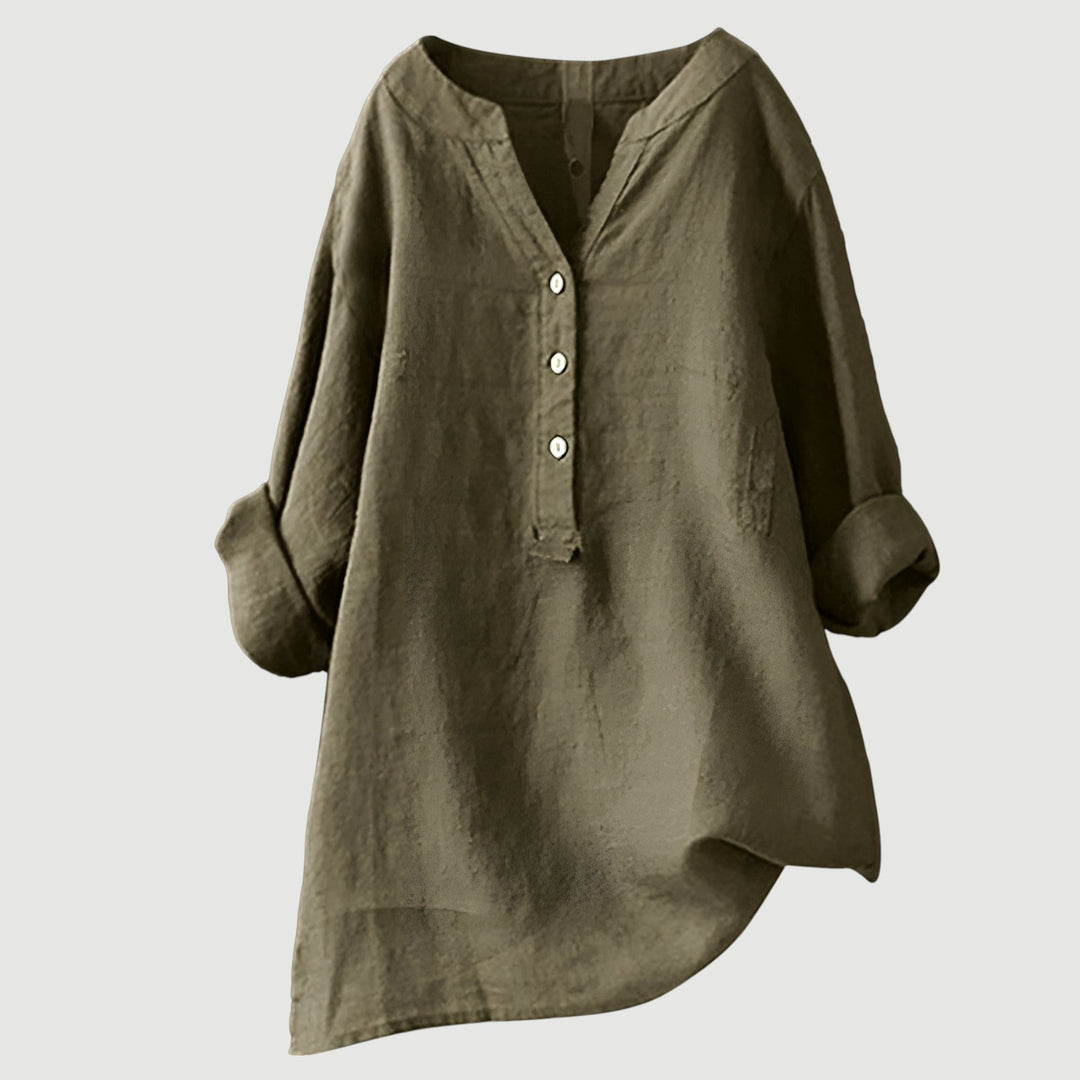 Women's relaxed tunic blouse with V-neck button front and three-quarter rolled sleeves in rust and sage