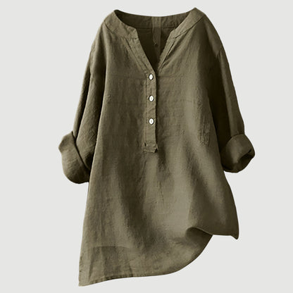 Women's relaxed tunic blouse with V-neck button front and three-quarter rolled sleeves in rust and sage