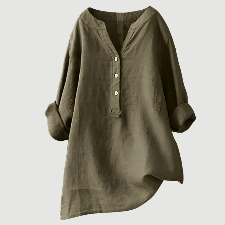 Women's relaxed tunic blouse with V-neck button front and three-quarter rolled sleeves in rust and sage