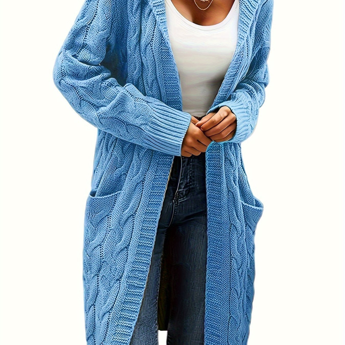 Women's long textured cable knit cardigan with open front and patch pockets
