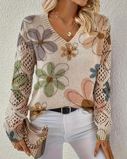 Women's floral open-knit V-neck sweater with long sleeves
