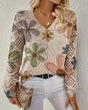 Women's floral open-knit V-neck sweater with long sleeves