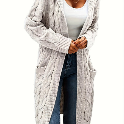 Women's long textured cable knit cardigan with open front and patch pockets