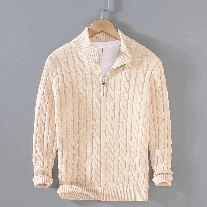 Men's cable knit quarter-zip sweater with mock neck and long sleeves