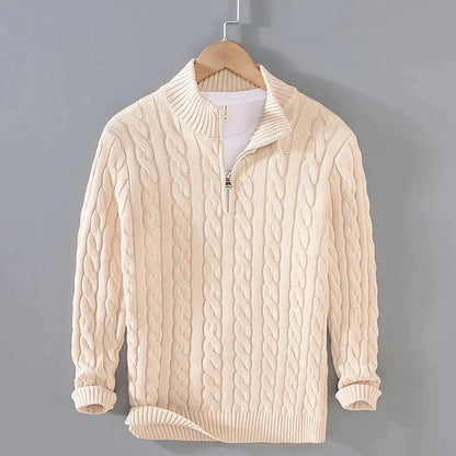 Men's cable knit quarter-zip sweater with mock neck and long sleeves
