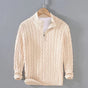 Men's cable knit quarter-zip sweater with mock neck and long sleeves
