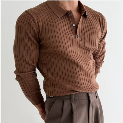 Men's long-sleeve ribbed polo sweater with collared neckline and button placket