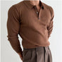 Men's long-sleeve ribbed polo sweater with collared neckline and button placket