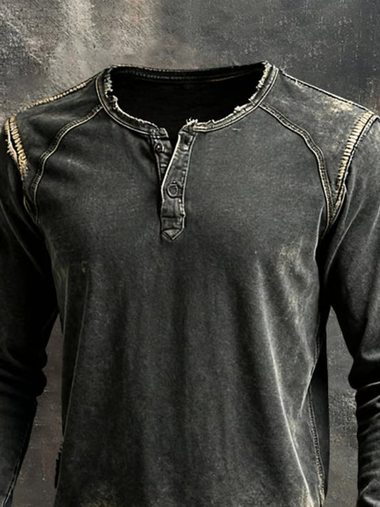 Men's black distressed henley sweater with long sleeves and frayed edges