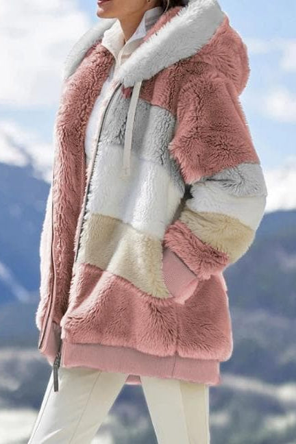Women's color-block hooded zip hoodie with long sleeves and front pockets