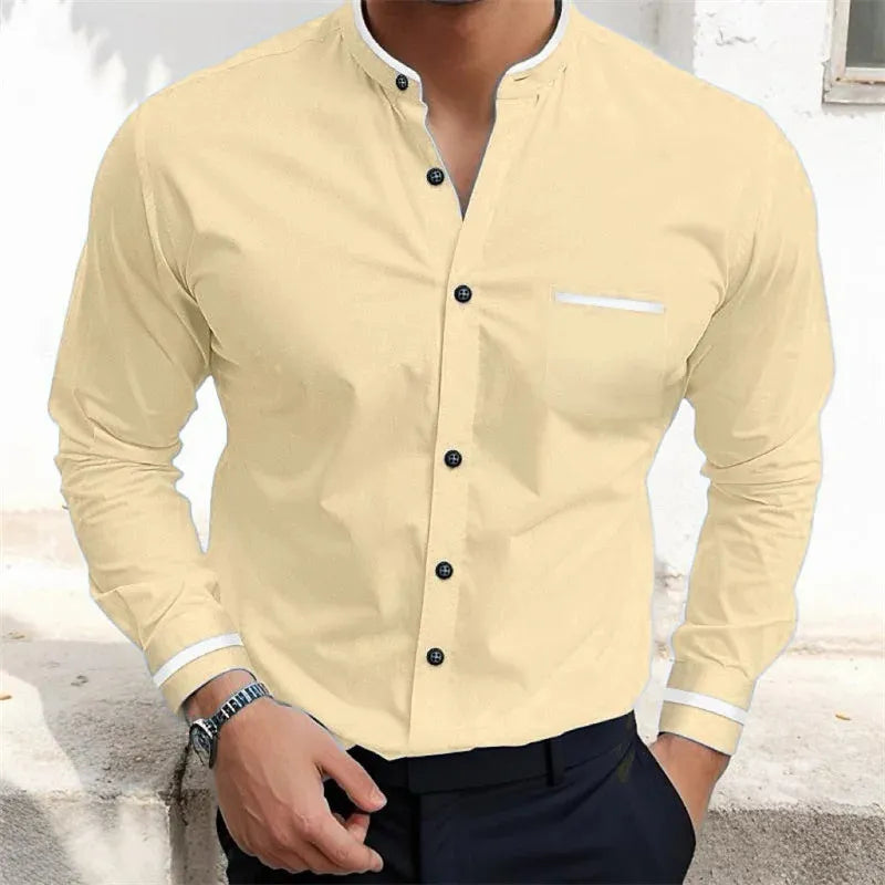Men's long-sleeve grandad collar shirt with contrast trim and chest pocket