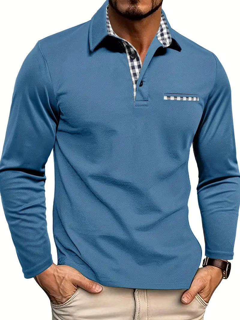 Men's long sleeve polo shirt with checked collar and chest pocket trim