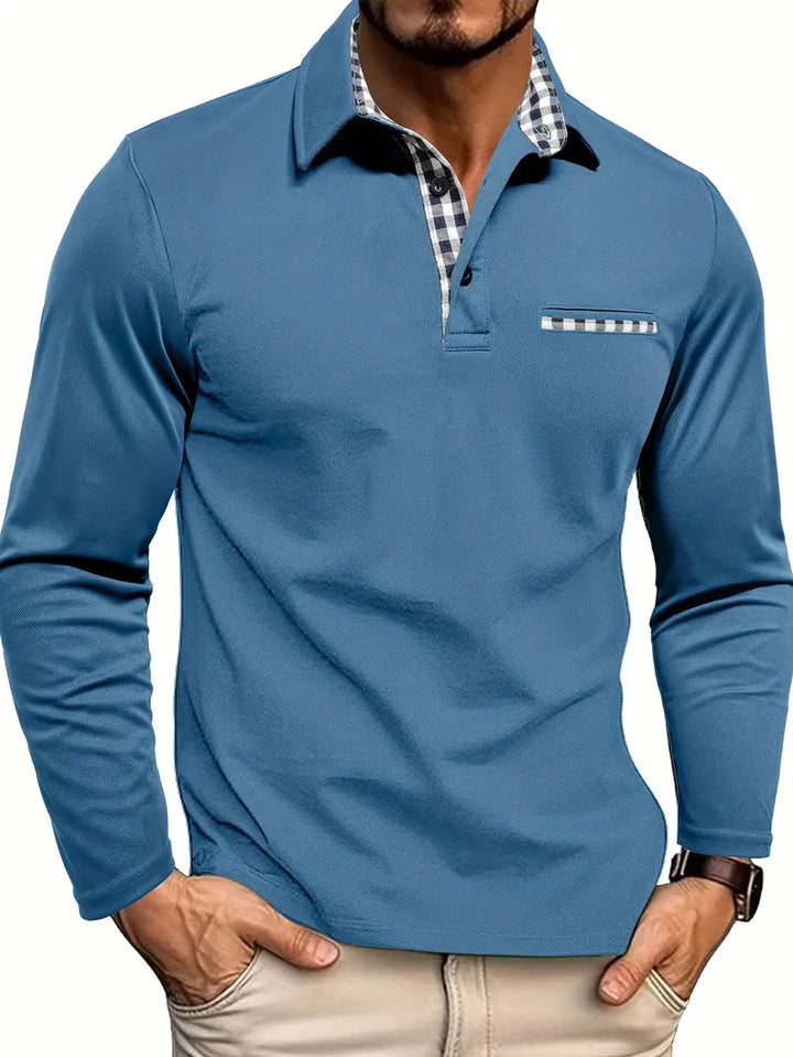 Men's long sleeve polo shirt with checked collar and chest pocket trim