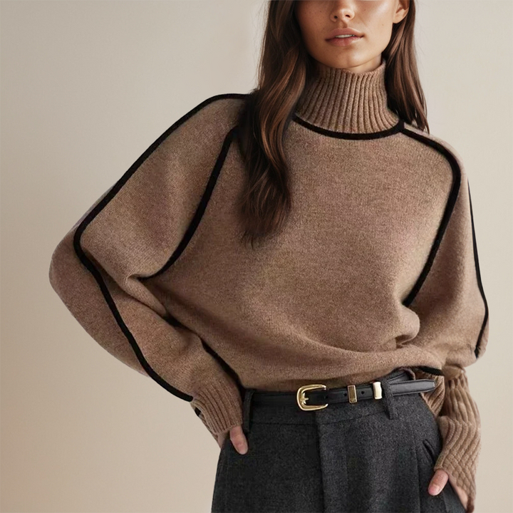 Women's turtleneck knit sweater with long sleeves and contrast piping