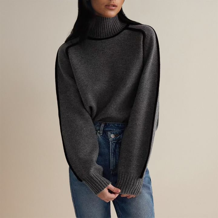 Women's turtleneck knit sweater with long sleeves and contrast piping