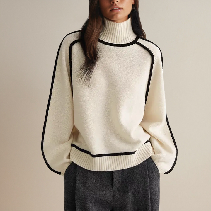 Women's turtleneck knit sweater with long sleeves and contrast piping