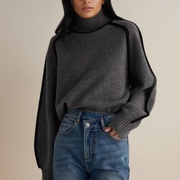Women's turtleneck knit sweater with long sleeves and contrast piping