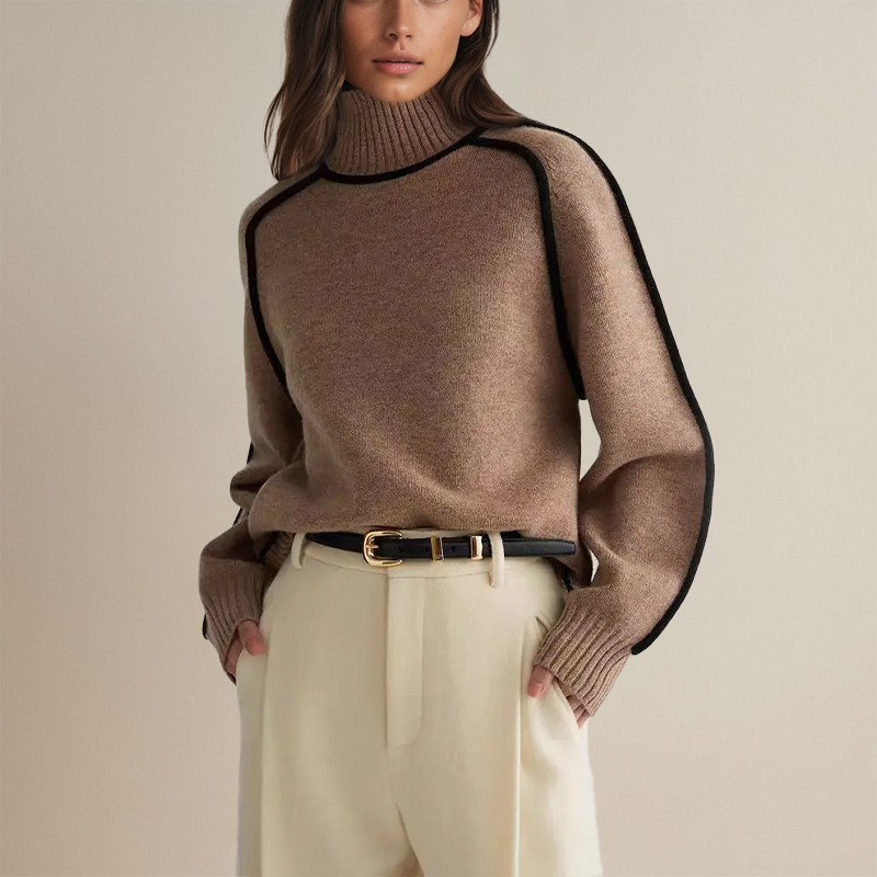 Women's turtleneck knit sweater with long sleeves and contrast piping