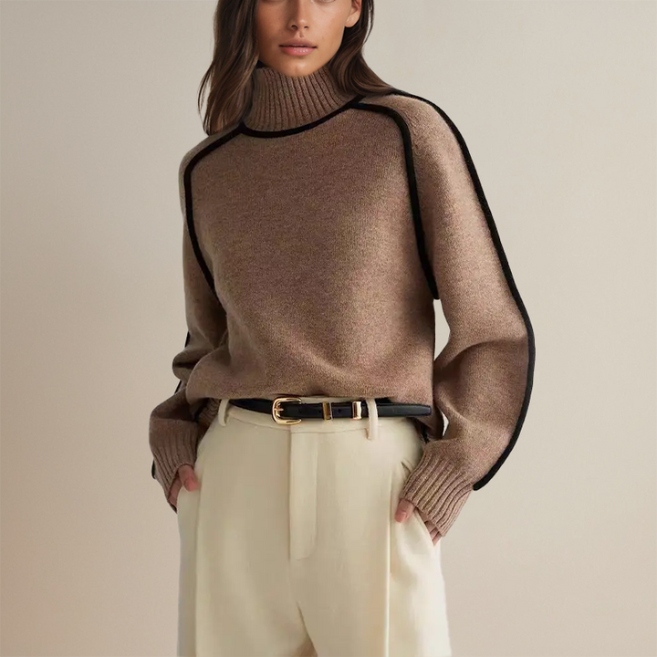 Women's turtleneck knit sweater with long sleeves and contrast piping