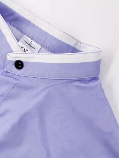 Men's long-sleeve grandad collar shirt with contrast trim and chest pocket