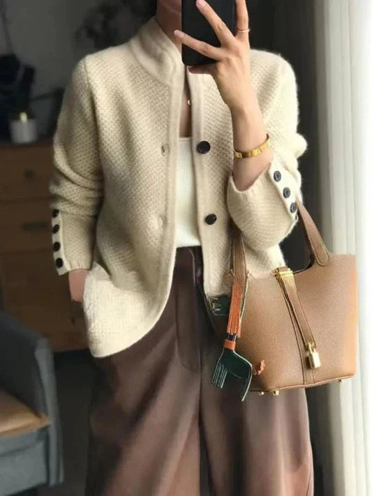 Women's textured knit cardigan with stand collar, buttons, long sleeves and patch pockets