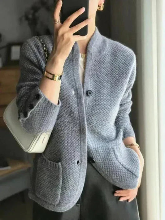 Women's textured knit cardigan with stand collar, buttons, long sleeves and patch pockets