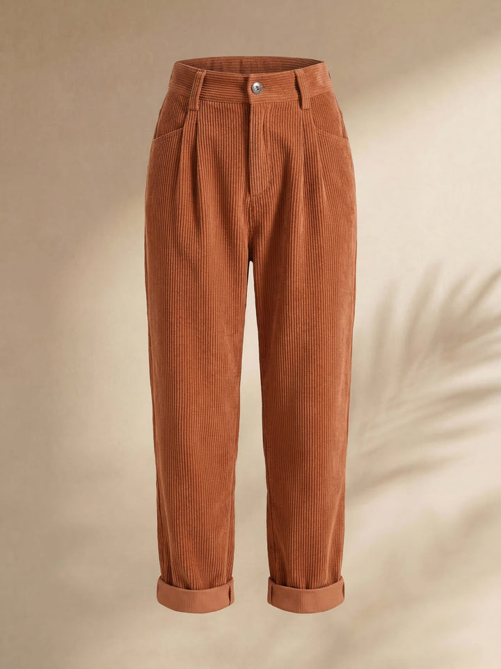 Women's high-waisted corduroy trousers with straight legs, side pockets and rolled ankle cuffs