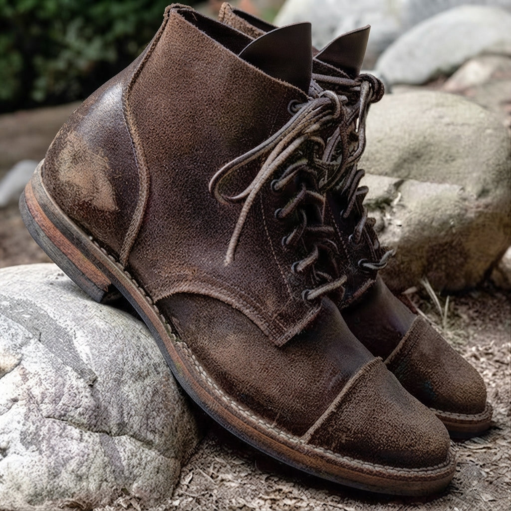 Men's lace-up ankle boots with rounded toes, stitched panels and low heels