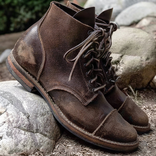Bottines homme à lacets, bout rond, empiècements surpiqués