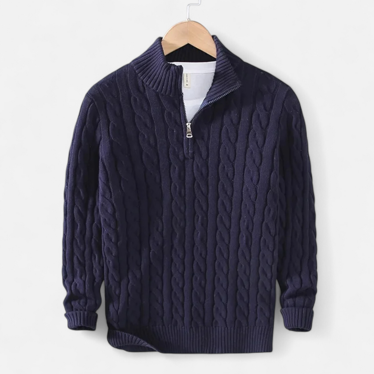Men's cable-knit quarter-zip sweater with mock neck and long sleeves