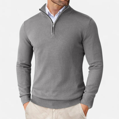 Men's slim-fit quarter-zip sweater with mock neck and long sleeves