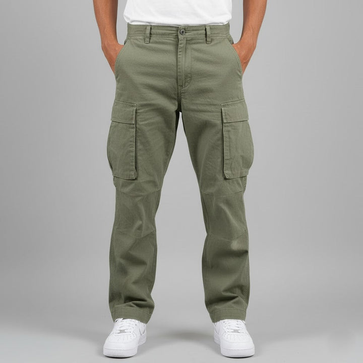 Men's black relaxed fit cargo pants with multiple pockets and straight leg