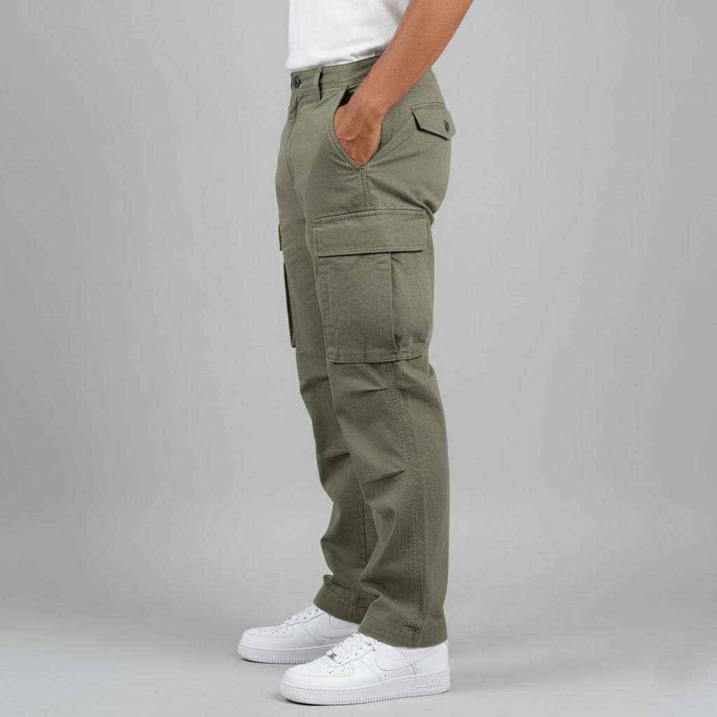 Men's black relaxed fit cargo pants with multiple pockets and straight leg