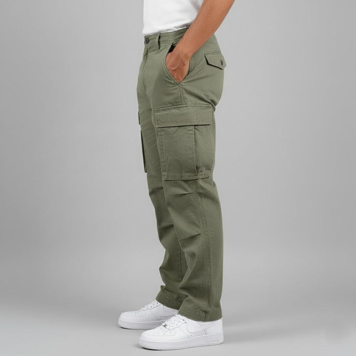 Men's black relaxed fit cargo pants with multiple pockets and straight leg