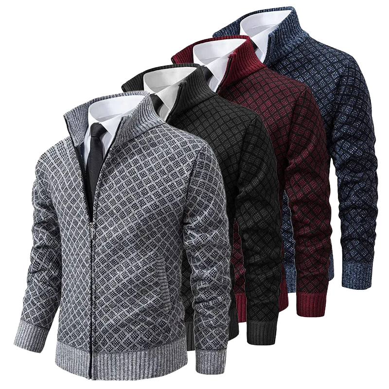 Men's geometric patterned zip-up sweater with stand collar and ribbed trims