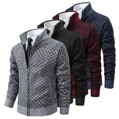 Men's geometric patterned zip-up sweater with stand collar and ribbed trims