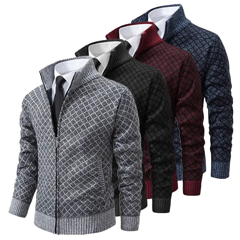 Men's geometric jacquard zip cardigan with mock neck and ribbed trims