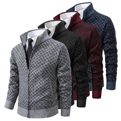 Men's geometric jacquard zip cardigan with mock neck and ribbed trims