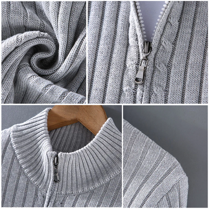 Men's ribbed knit cardigan with mock collar and full front zipper