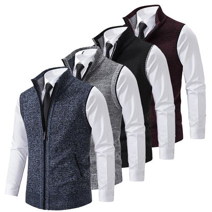 Men's textured sleeveless vest with mock neck, zip front and angled pockets