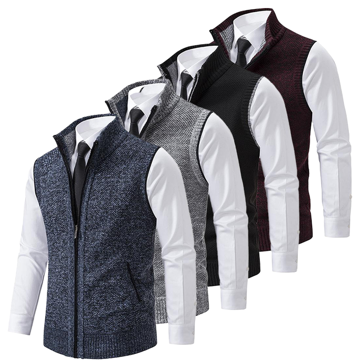 Men's textured sleeveless vest with mock neck, zip front and angled pockets