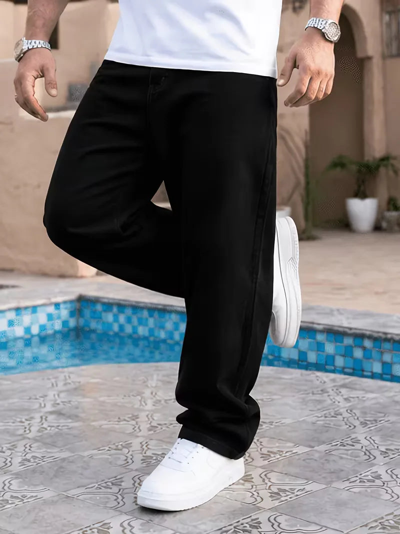 Men's black loose fit jeans with five pockets and wide full-length legs