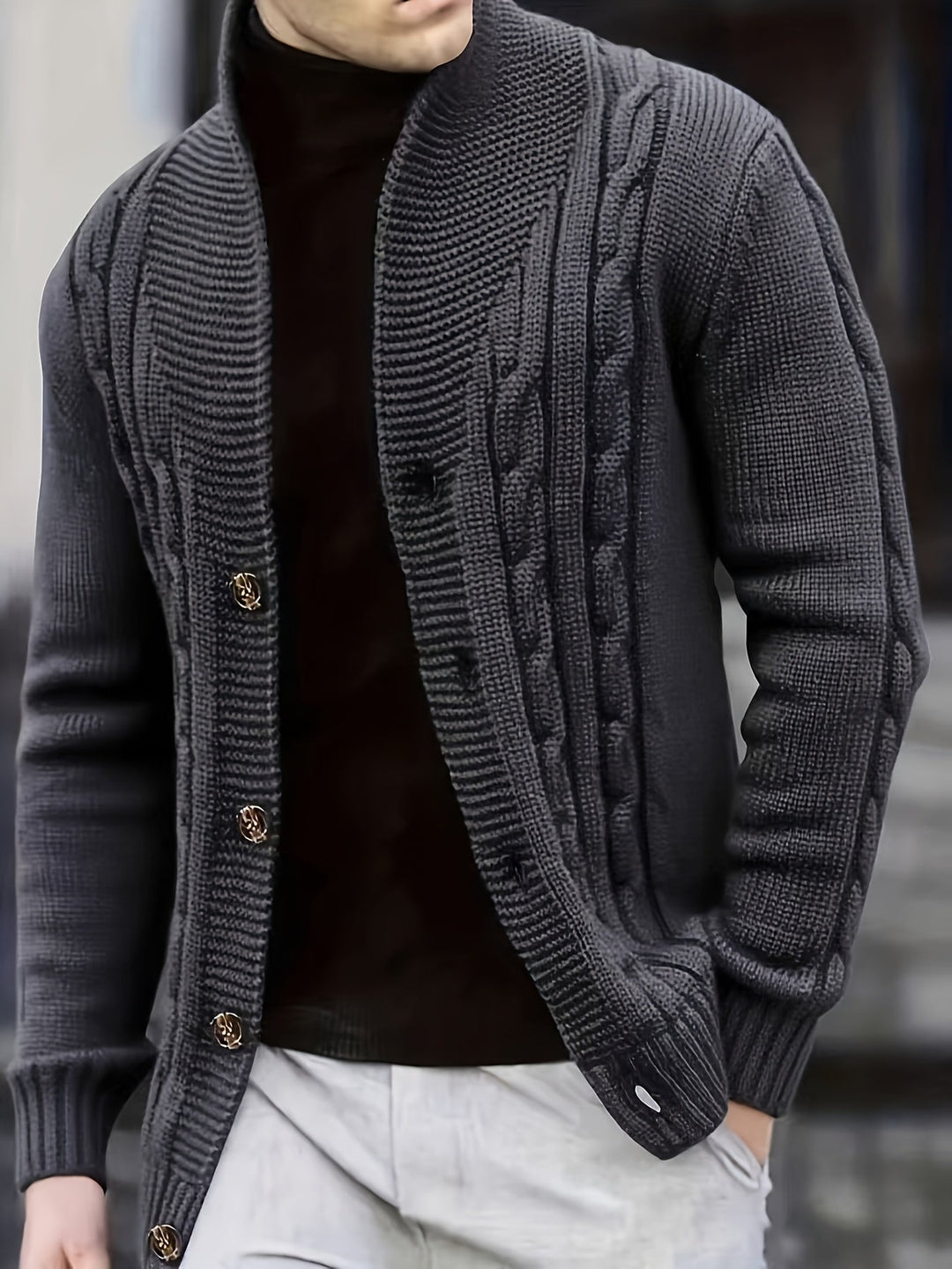 Men's ribbed knit cardigan with wide collar, long sleeves and button front