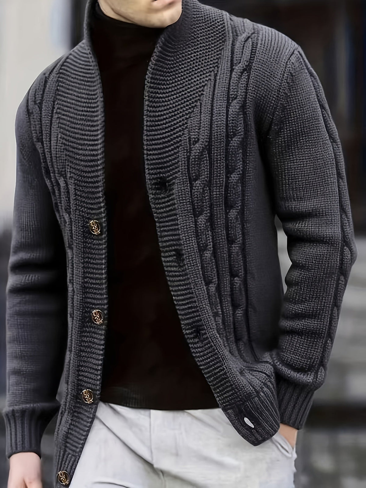 Men's ribbed knit cardigan with wide collar, long sleeves and button front