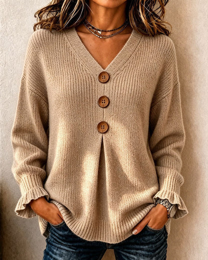 Women's V-neck button cardigan with long sleeves and ribbed knit texture