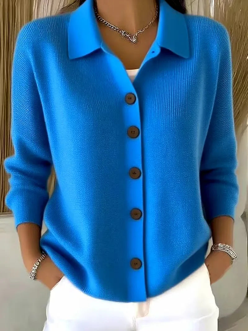 Women's textured button-front cardigan with pointed collar and long sleeves