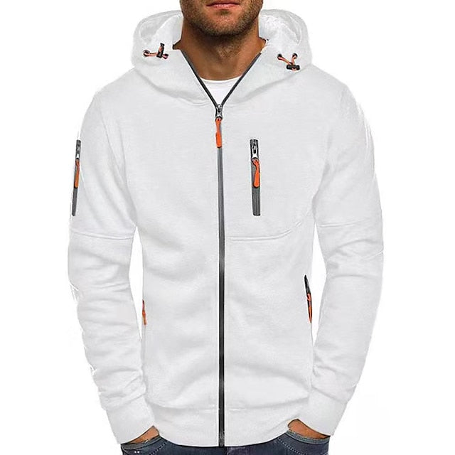 Men's hooded zip-up jacket with chest and side zip pockets